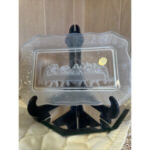 Vintage Frosted Clear Glass Last Supper Religious Bread Plate Tray 11" x 7"